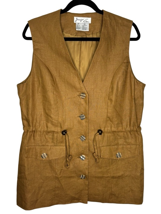 Jennifer Eden Jackets & Blazers - VTG Jennifer Eden Tan Brown Linen Vest Button-up Front Drawstring Waist 15/16
